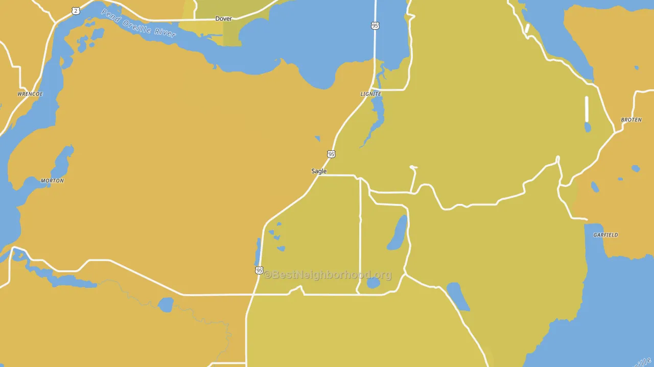 Map of the best neighborhoods in the 83860 area, with better matches in green and worse matches in red