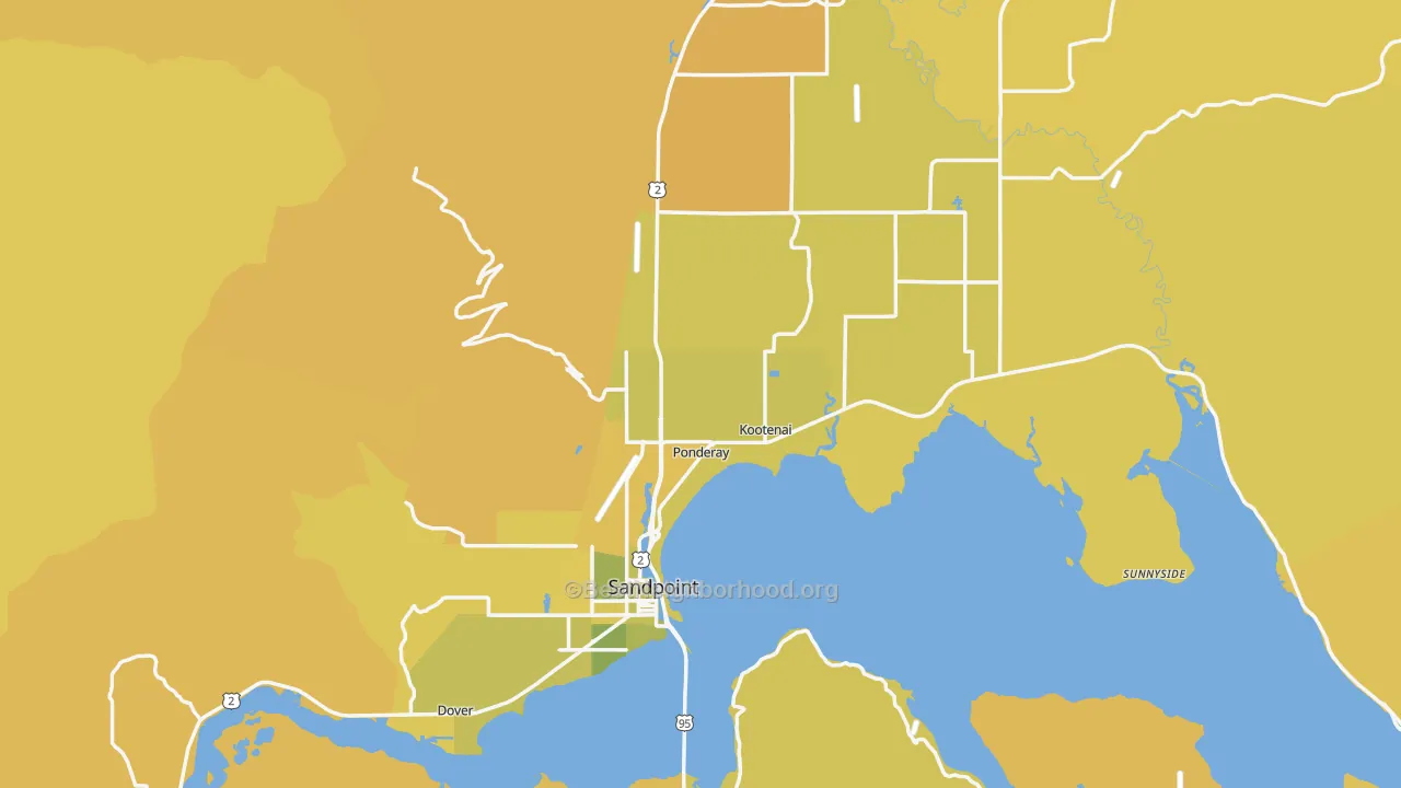 Map of the best neighborhoods in the 83864 area, with better matches in green and worse matches in red