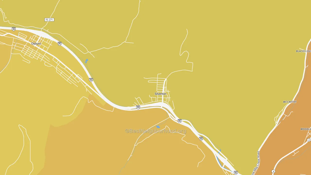 Map of the best neighborhoods in the 83867 area, with better matches in green and worse matches in red