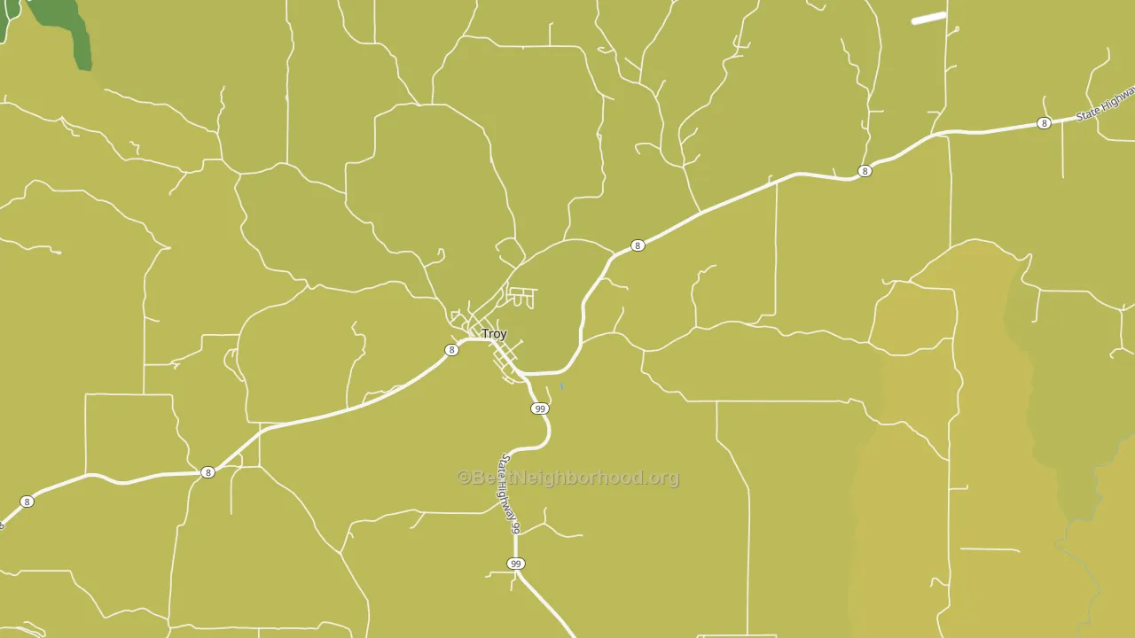 Map of the best neighborhoods in the 83871 area, with better matches in green and worse matches in red