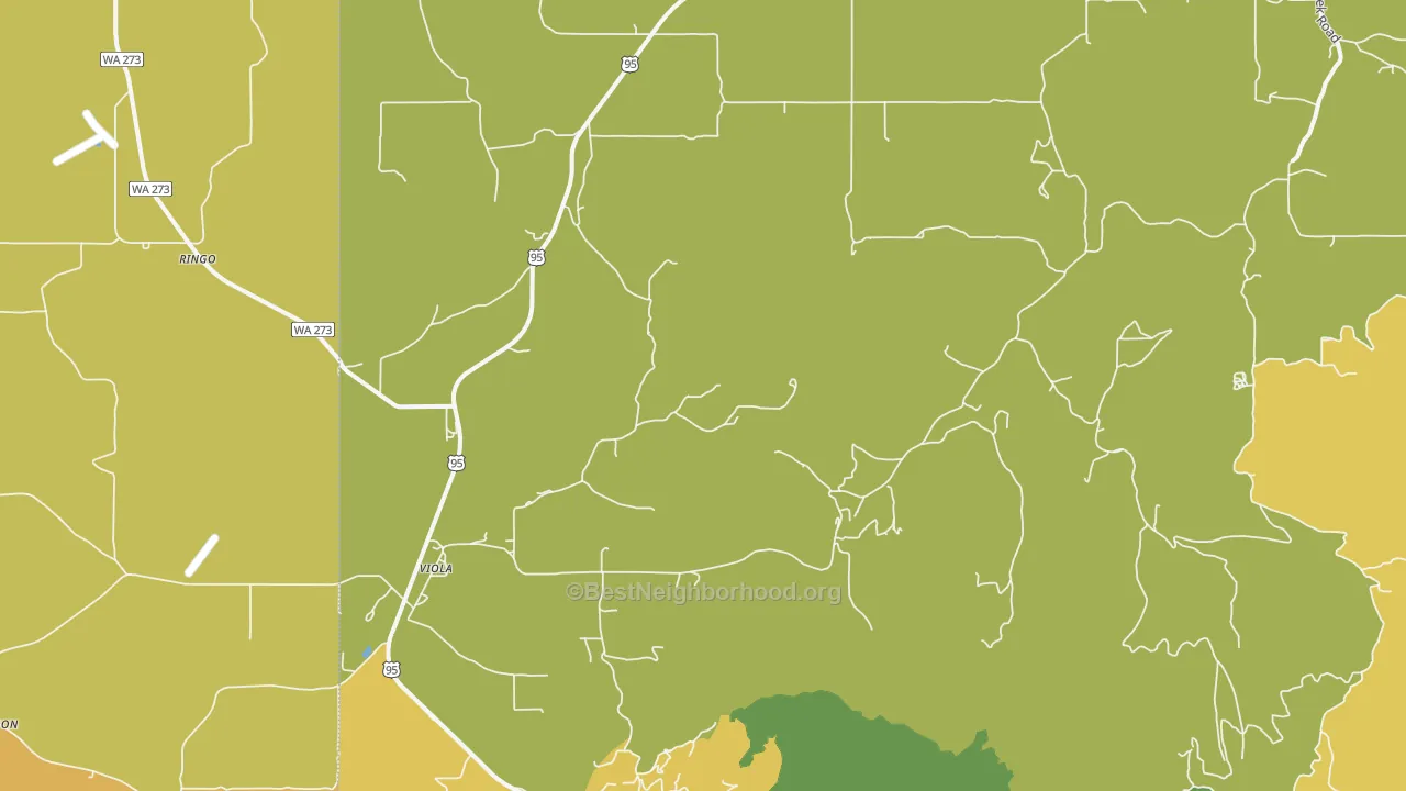 Map of the best neighborhoods in the 83872 area, with better matches in green and worse matches in red