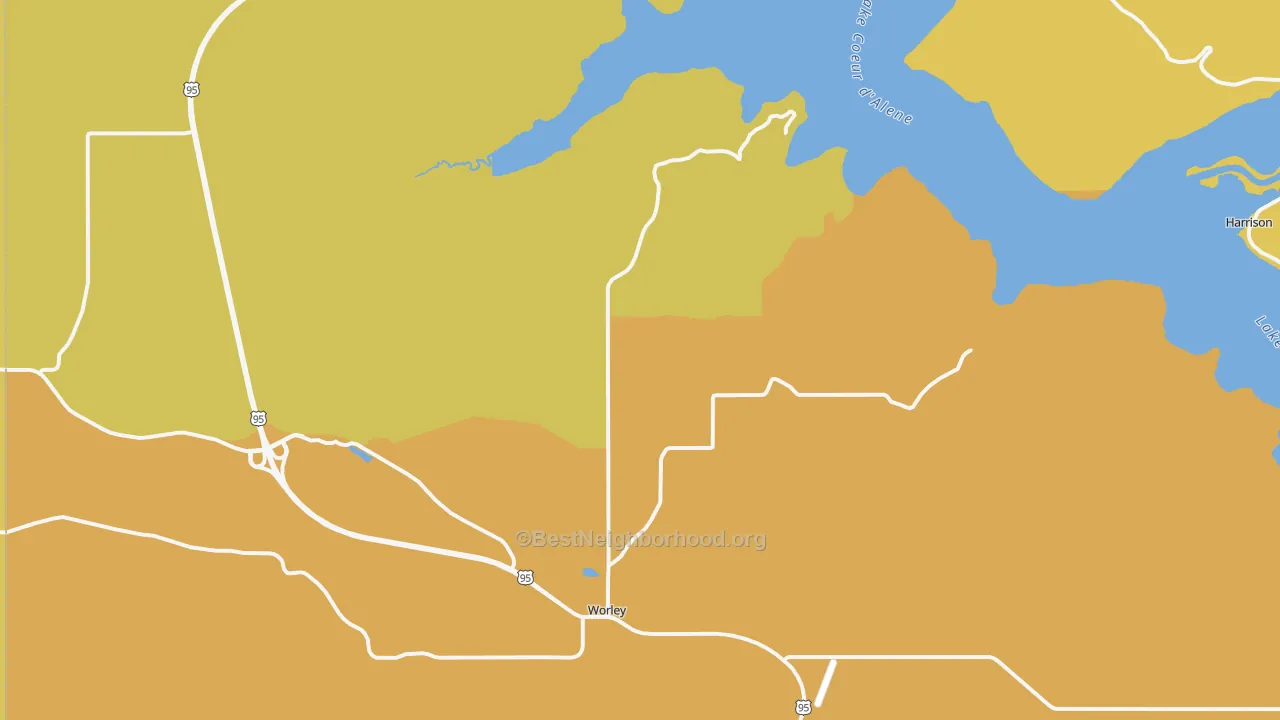 Map of the best neighborhoods in the 83876 area, with better matches in green and worse matches in red