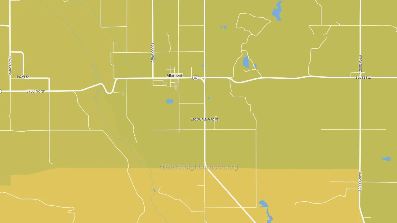 Map of the best neighborhoods in the 84001 area, with better matches in green and worse matches in red