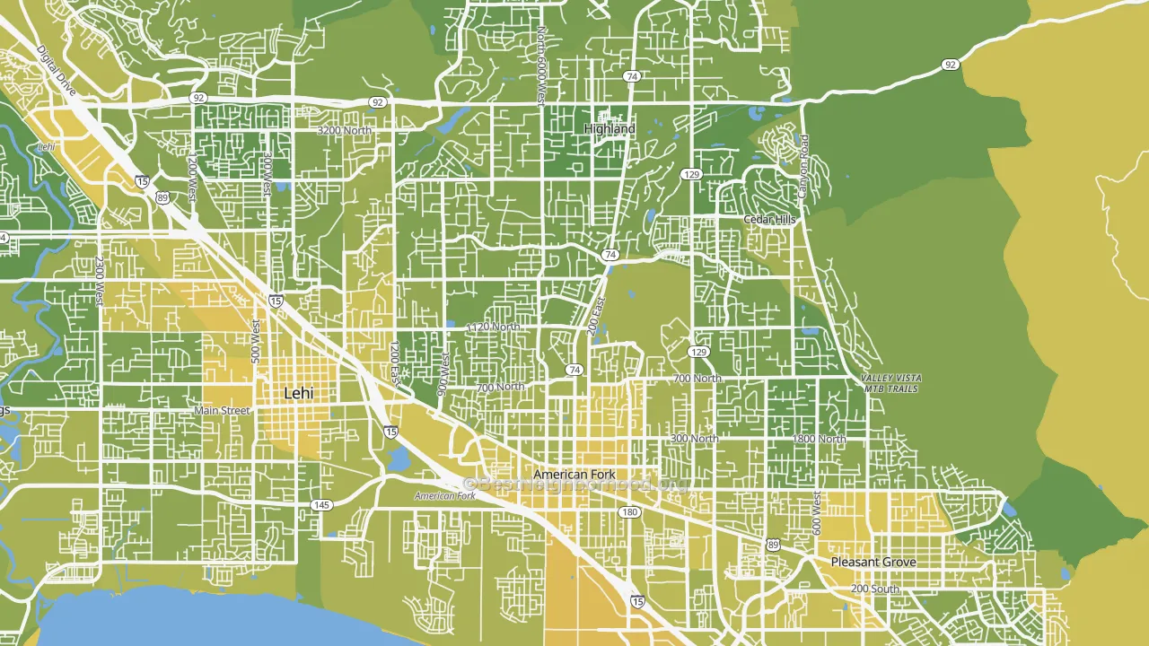 Map of the best neighborhoods in the 84003 area, with better matches in green and worse matches in red