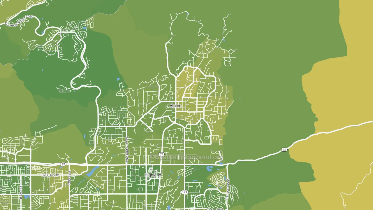Map of the best neighborhoods in the 84004 area, with better matches in green and worse matches in red