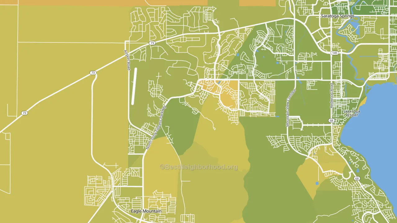 Map of the best neighborhoods in the 84005 area, with better matches in green and worse matches in red