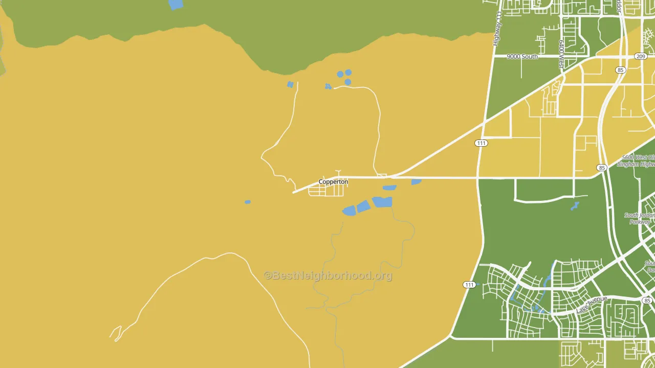 Map of the best neighborhoods in the 84006 area, with better matches in green and worse matches in red