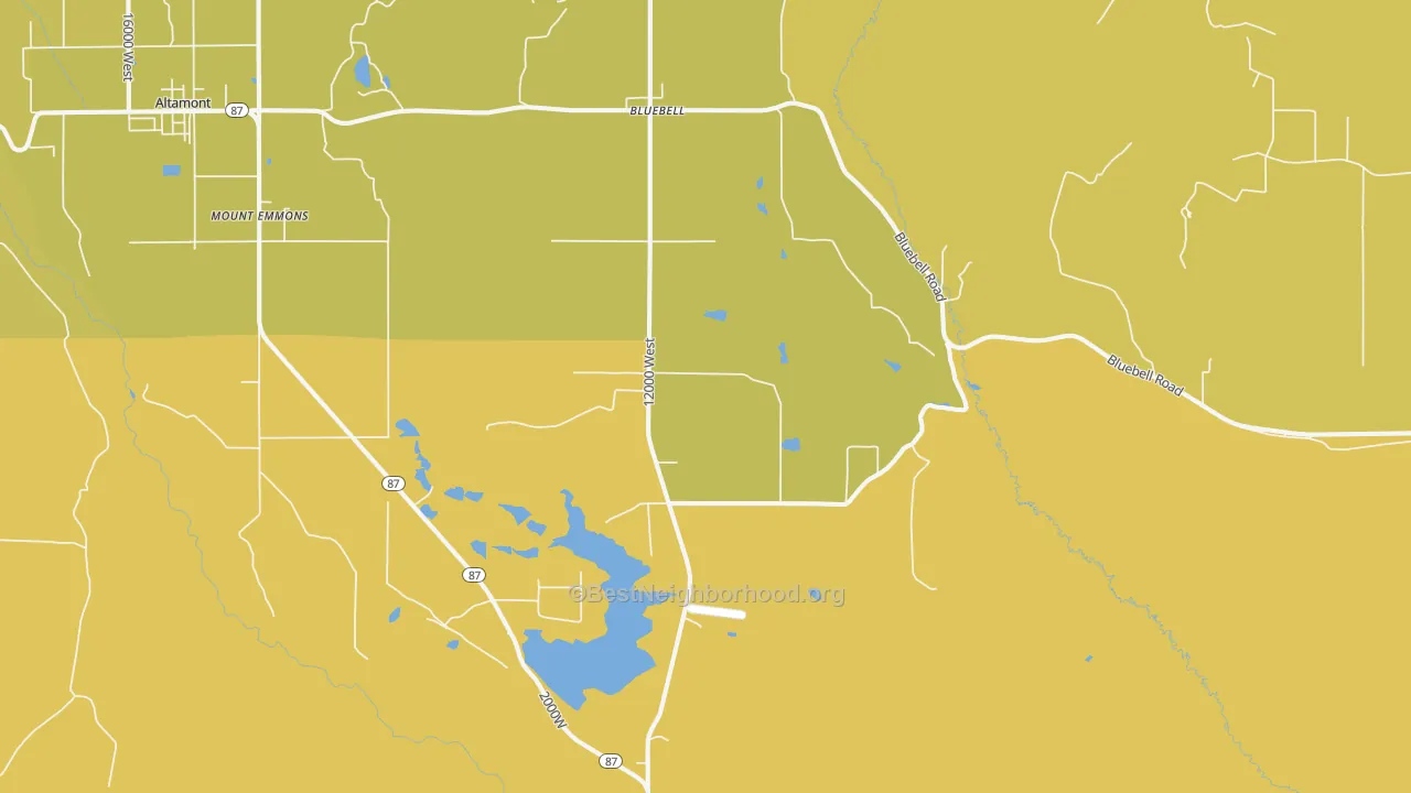Map of the best neighborhoods in the 84007 area, with better matches in green and worse matches in red