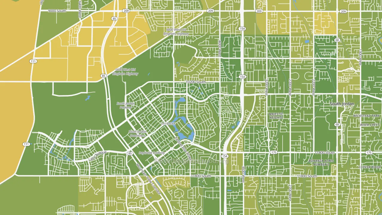 Map of the best neighborhoods in the 84009 area, with better matches in green and worse matches in red