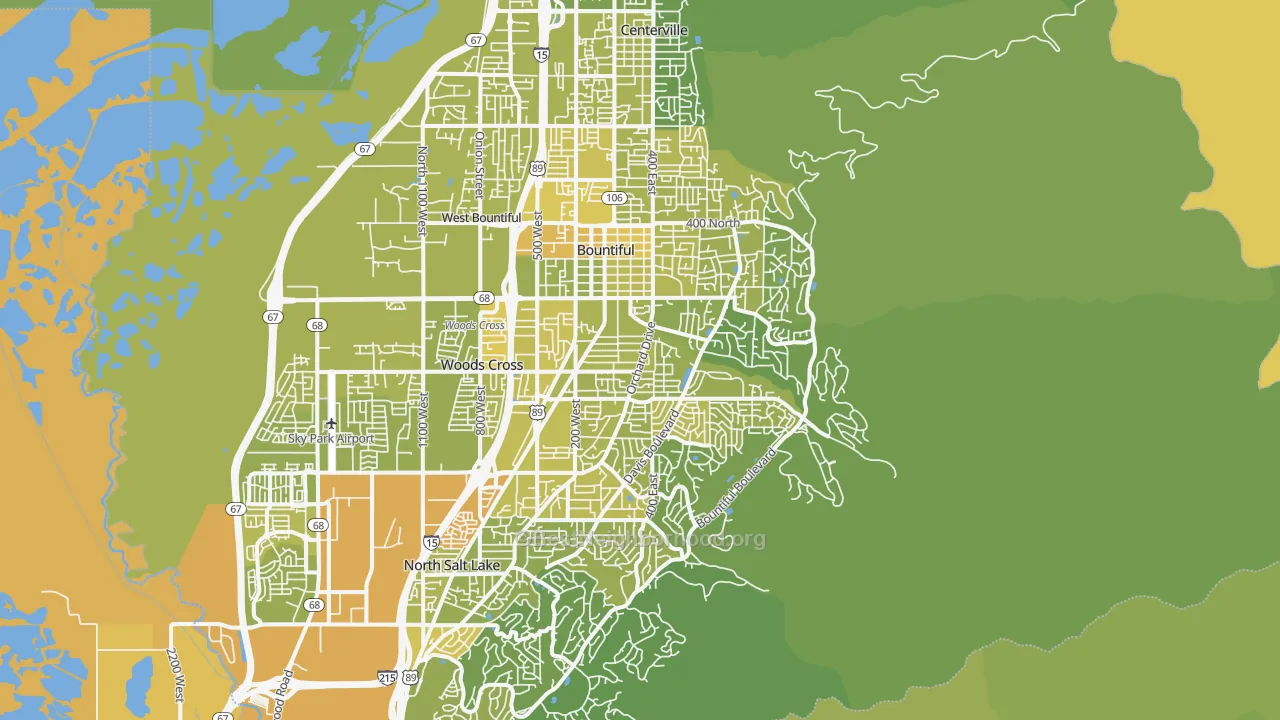 Map of the best neighborhoods in the 84010 area, with better matches in green and worse matches in red