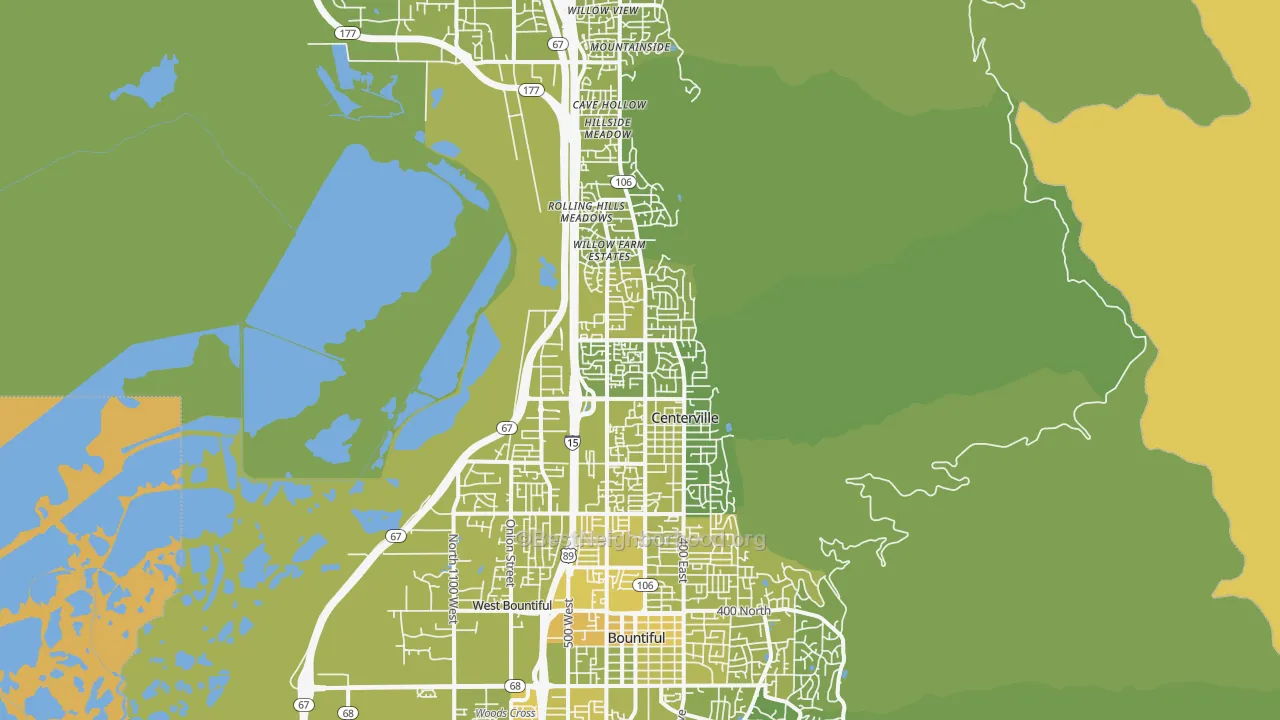 Map of the best neighborhoods in the 84014 area, with better matches in green and worse matches in red