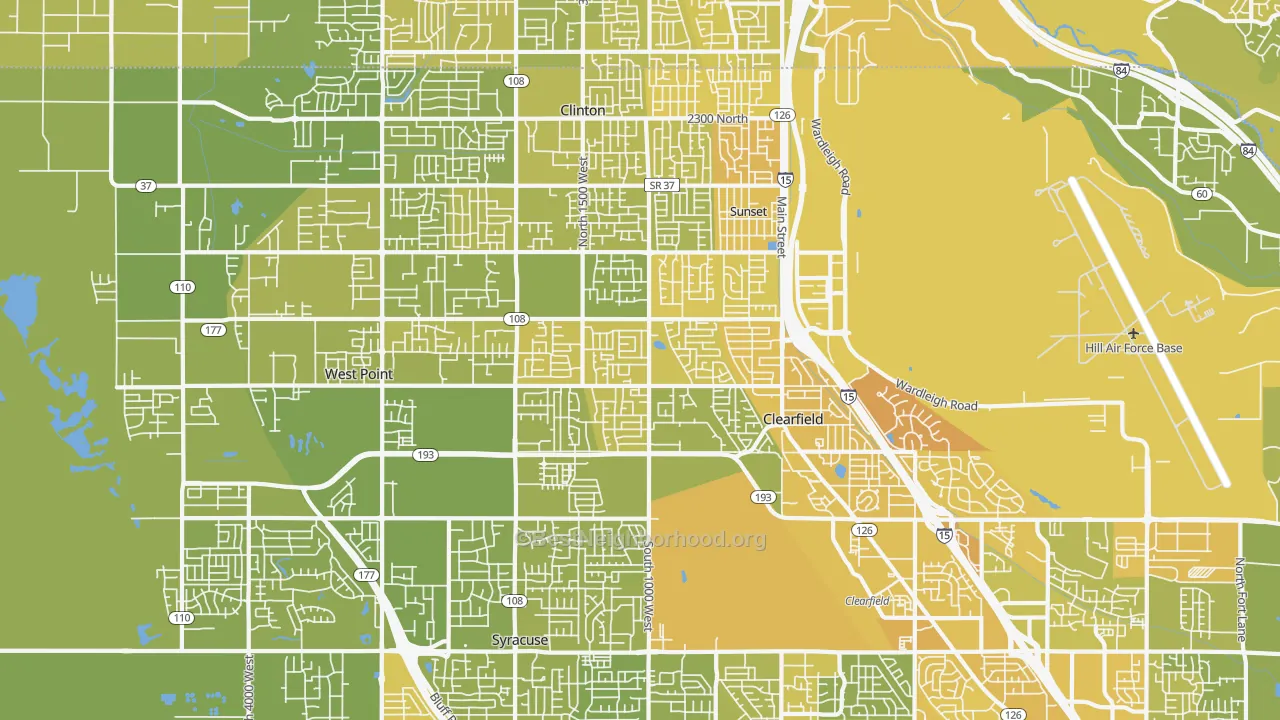 Map of the best neighborhoods in the 84015 area, with better matches in green and worse matches in red