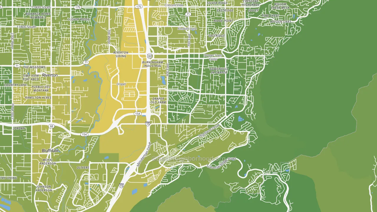 Map of the best neighborhoods in the 84020 area, with better matches in green and worse matches in red