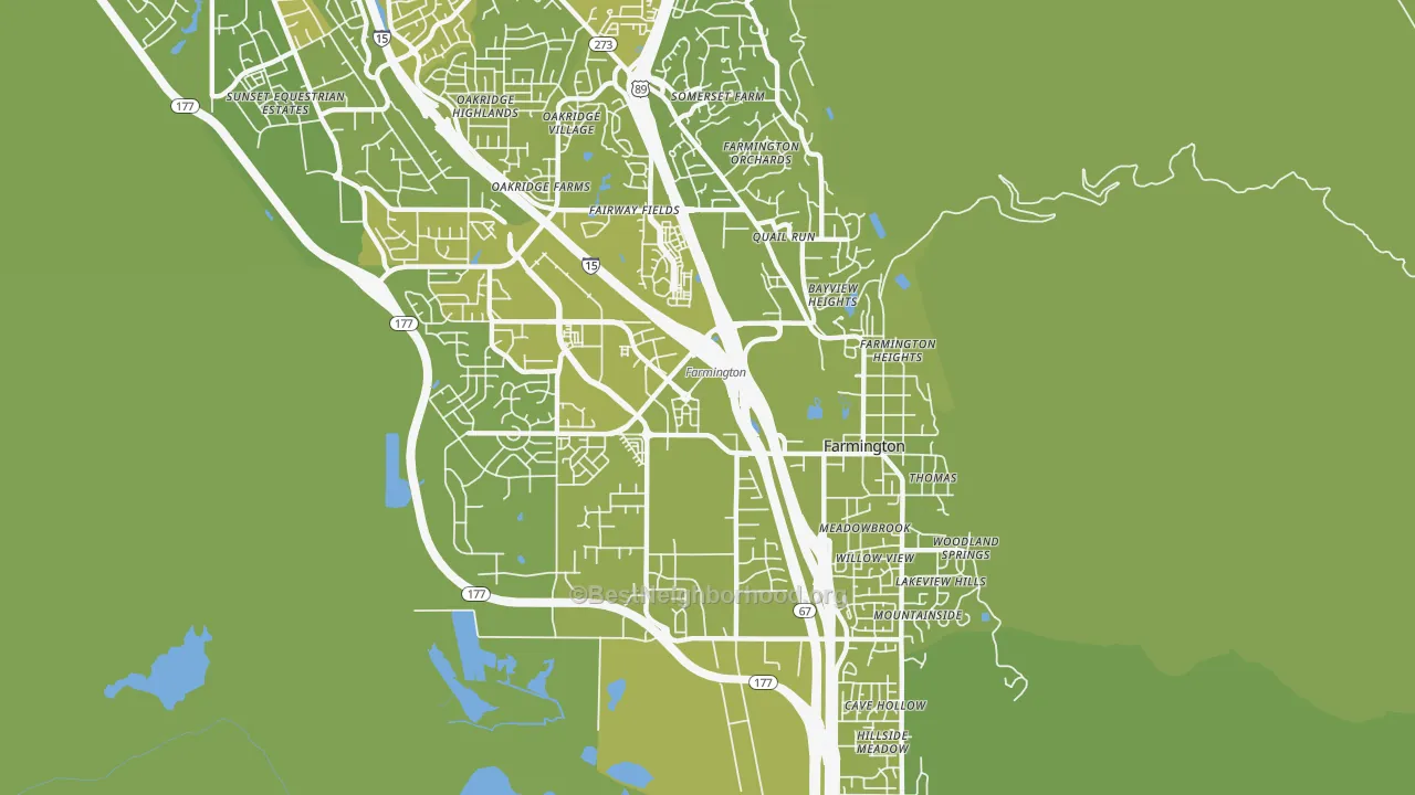Map of the best neighborhoods in the 84025 area, with better matches in green and worse matches in red