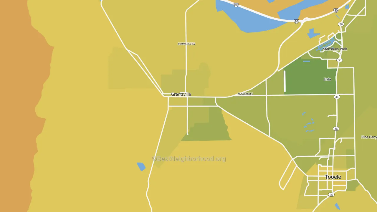 Map of the best neighborhoods in the 84029 area, with better matches in green and worse matches in red