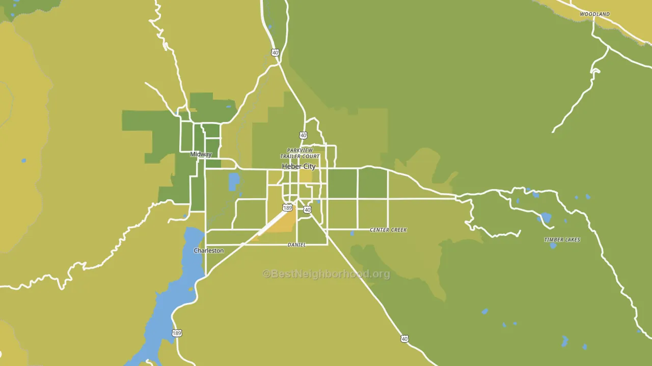 Map of the best neighborhoods in the 84032 area, with better matches in green and worse matches in red