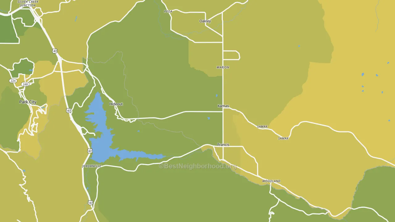 Map of the best neighborhoods in the 84036 area, with better matches in green and worse matches in red