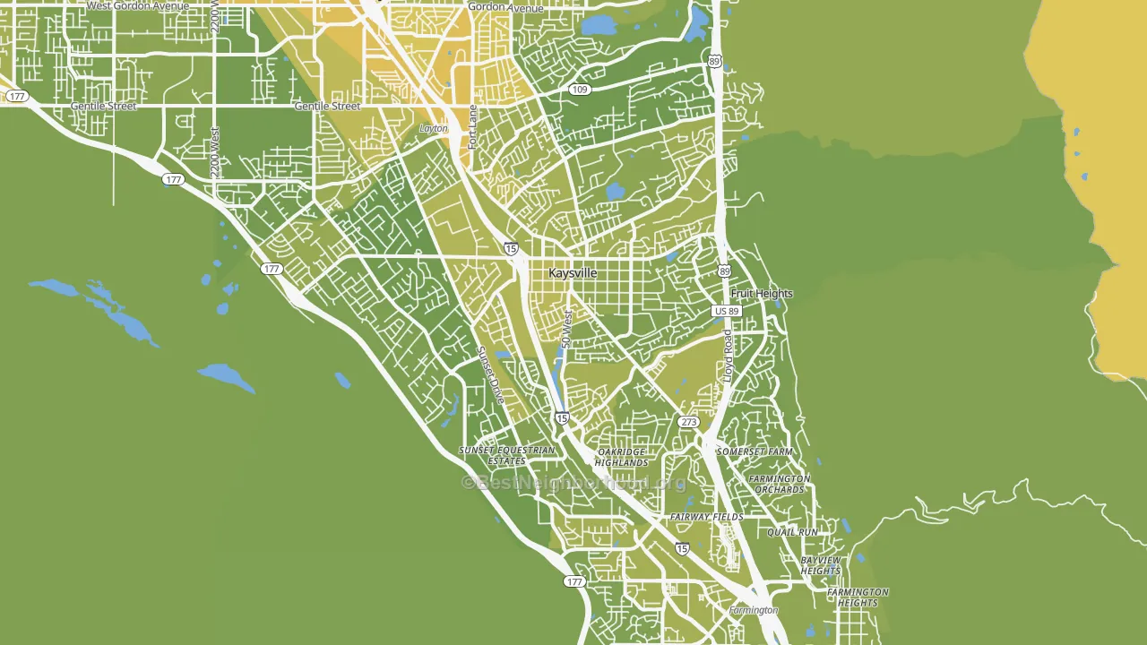 Map of the best neighborhoods in the 84037 area, with better matches in green and worse matches in red