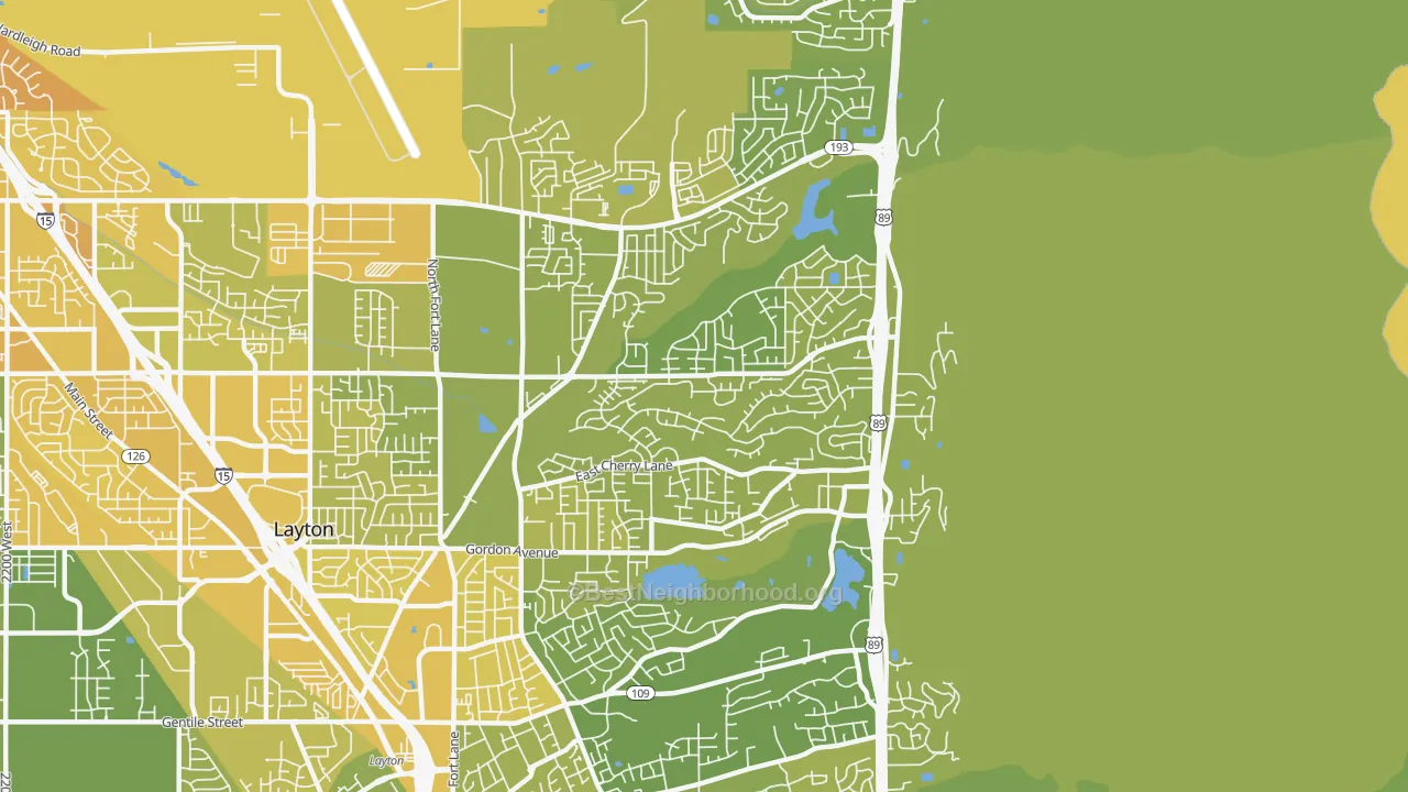 Map of the best neighborhoods in the 84040 area, with better matches in green and worse matches in red