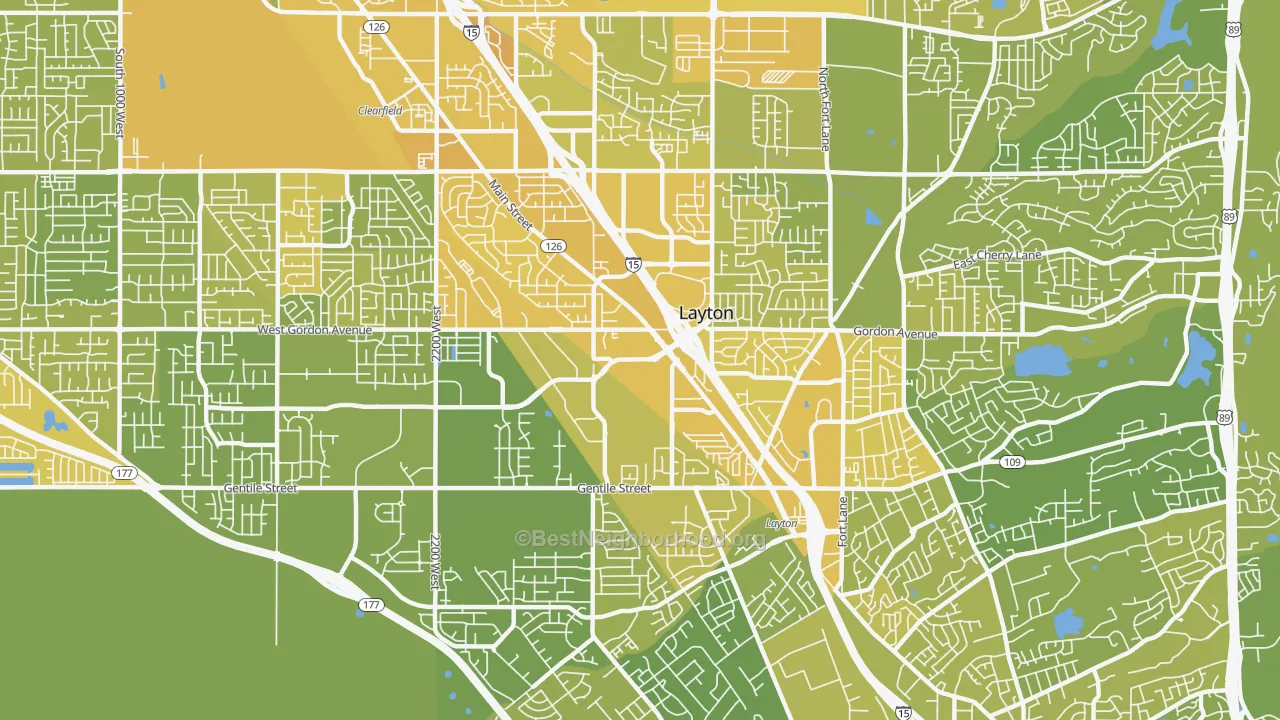 Map of the best neighborhoods in the 84041 area, with better matches in green and worse matches in red