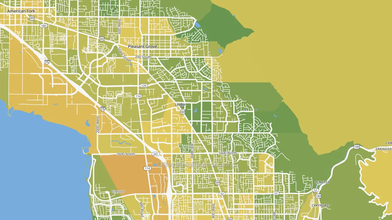 Map of the best neighborhoods in the 84042 area, with better matches in green and worse matches in red