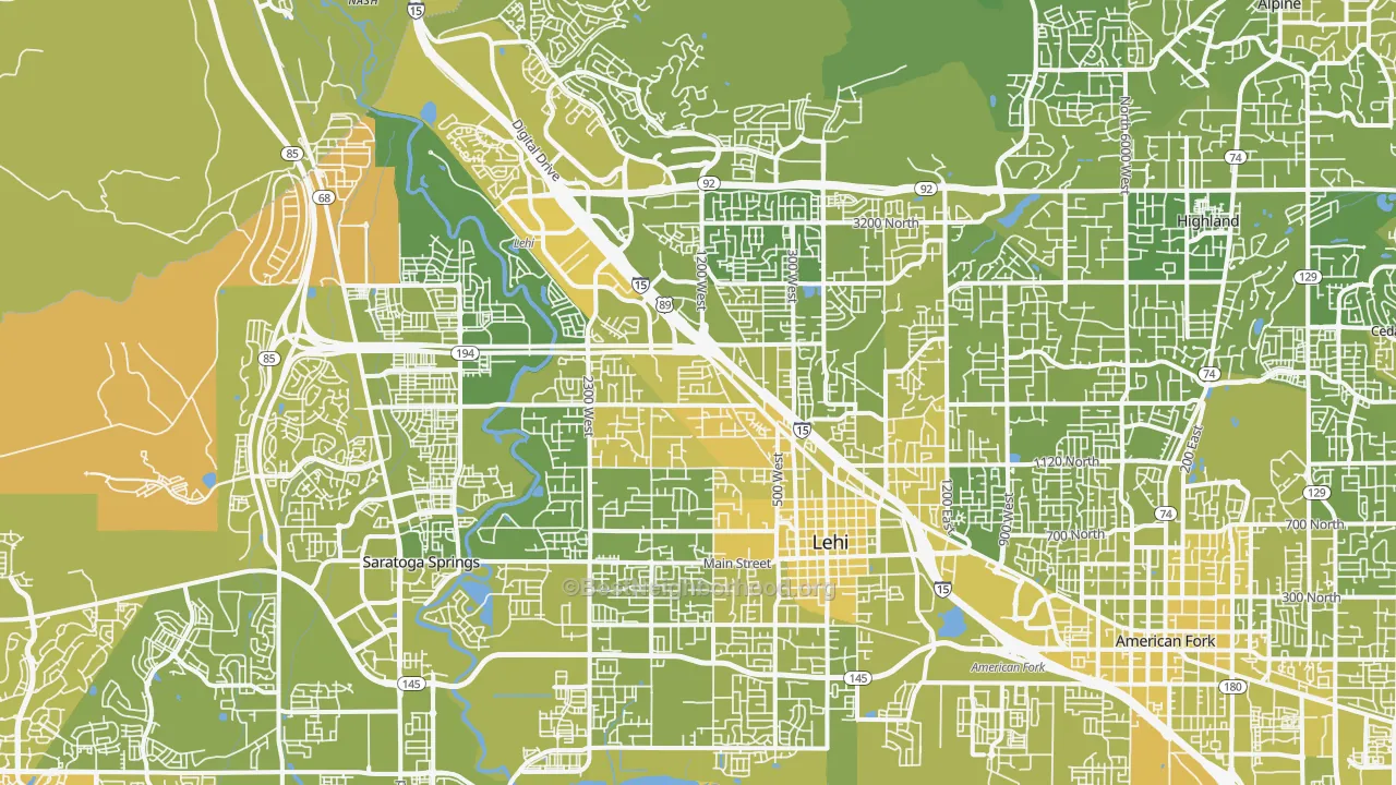 Map of the best neighborhoods in the 84043 area, with better matches in green and worse matches in red