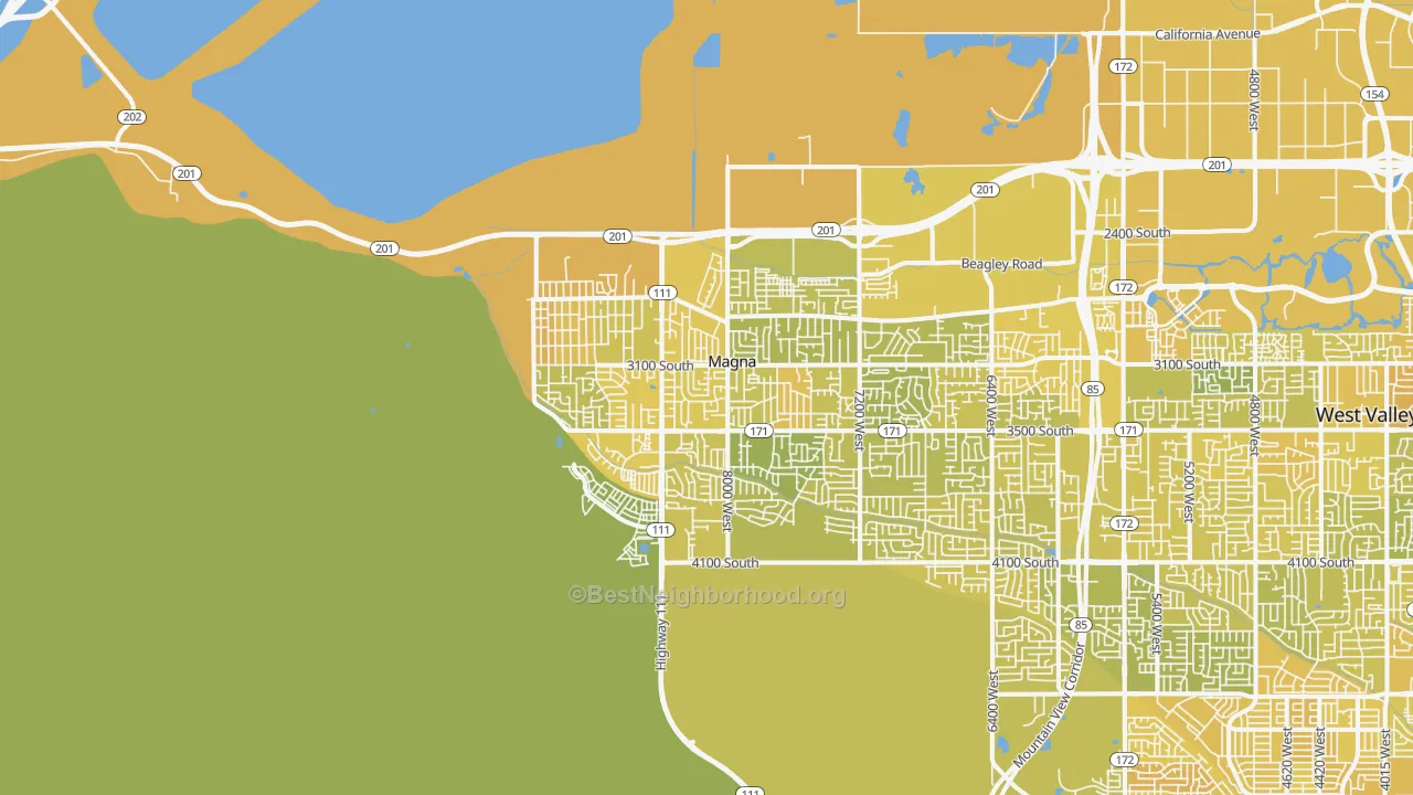 Map of the best neighborhoods in the 84044 area, with better matches in green and worse matches in red