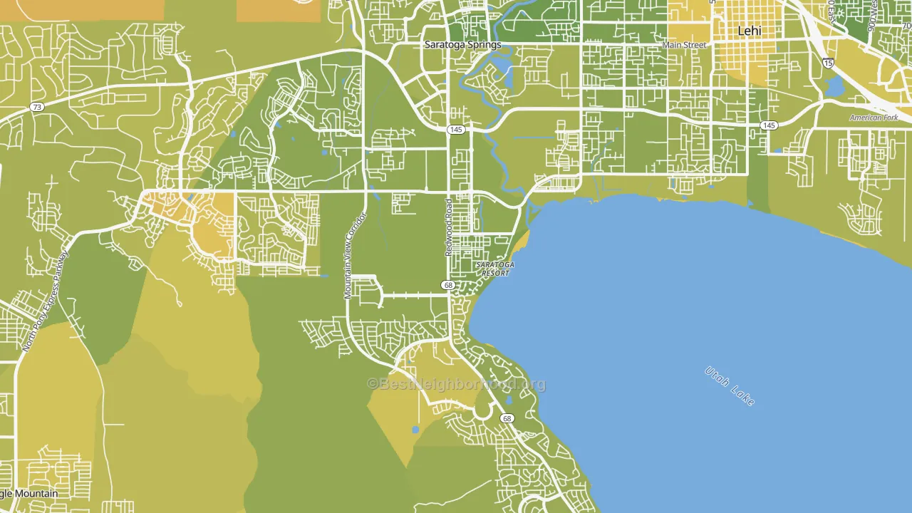 Map of the best neighborhoods in the 84045 area, with better matches in green and worse matches in red
