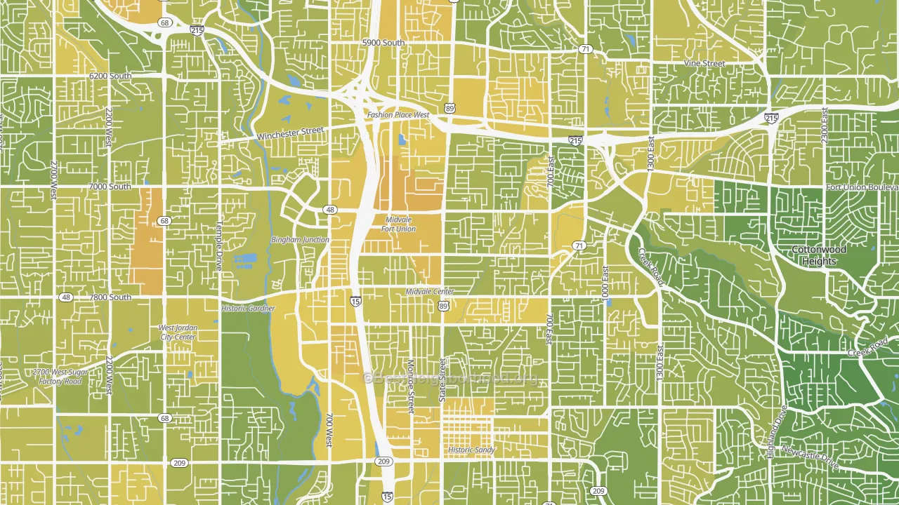 Map of the best neighborhoods in the 84047 area, with better matches in green and worse matches in red
