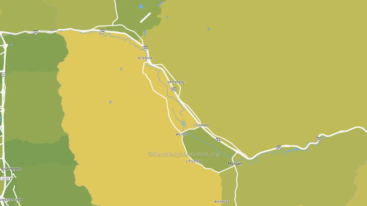Map of the best neighborhoods in the 84050 area, with better matches in green and worse matches in red