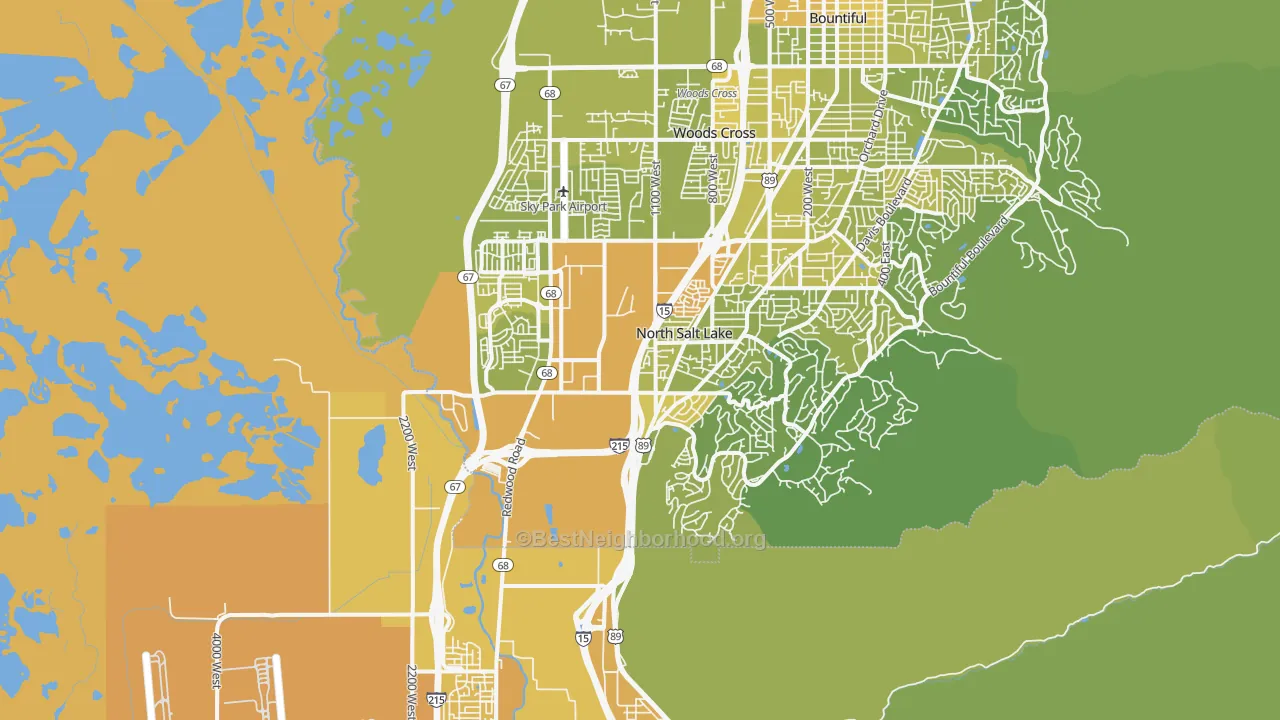 Map of the best neighborhoods in the 84054 area, with better matches in green and worse matches in red