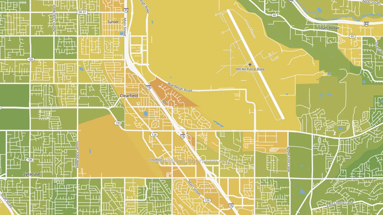 Map of the best neighborhoods in the 84056 area, with better matches in green and worse matches in red