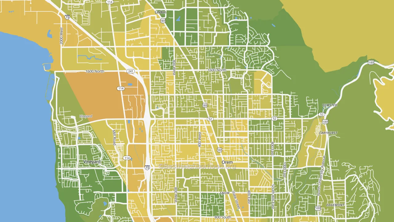 Map of the best neighborhoods in the 84057 area, with better matches in green and worse matches in red
