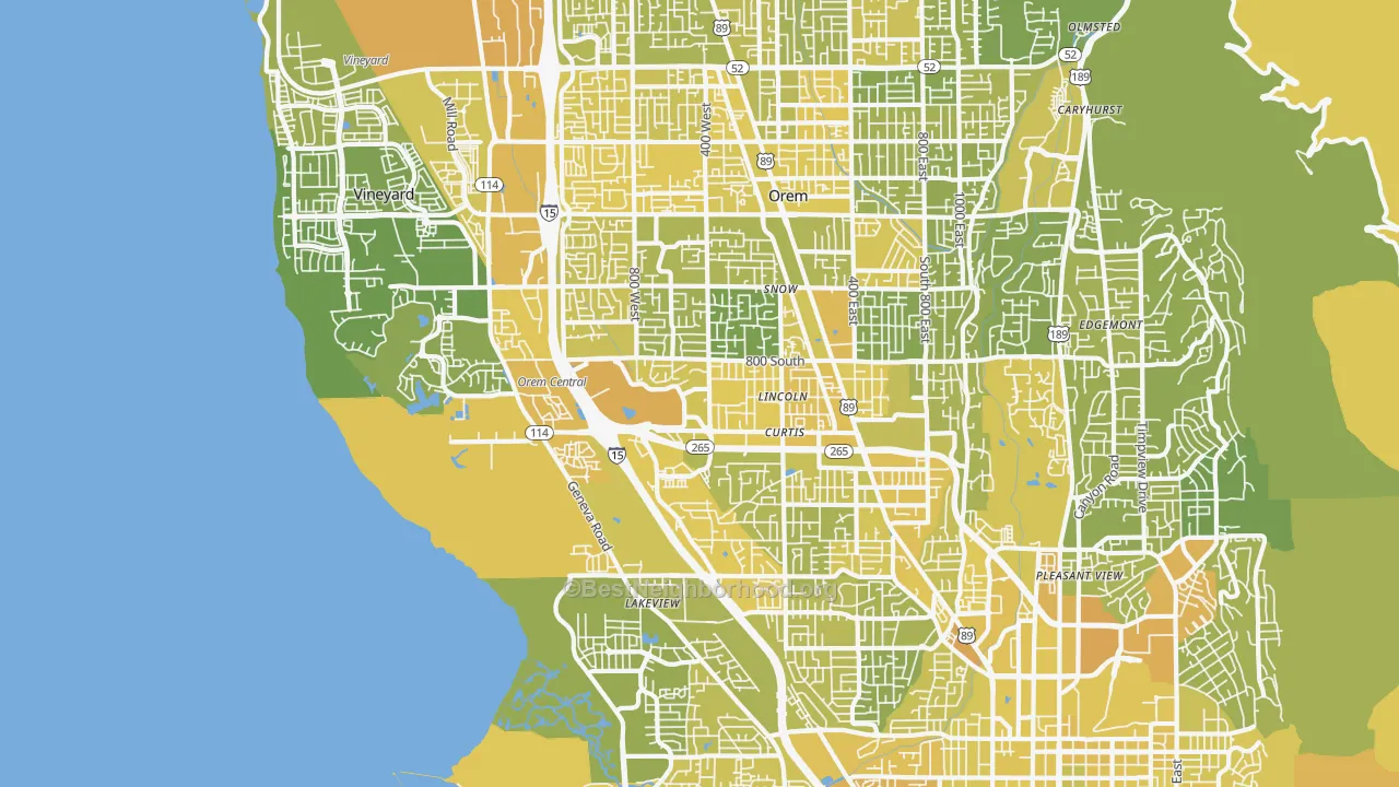 Map of the best neighborhoods in the 84058 area, with better matches in green and worse matches in red