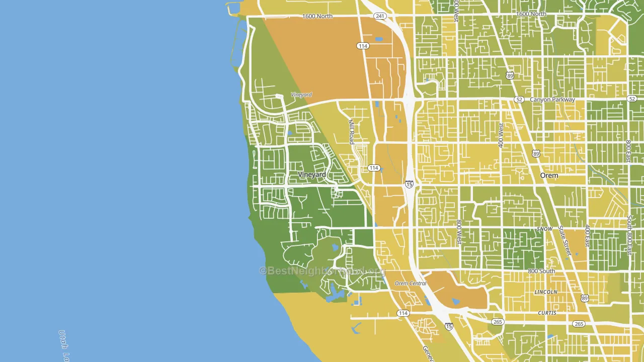 Map of the best neighborhoods in the 84059 area, with better matches in green and worse matches in red