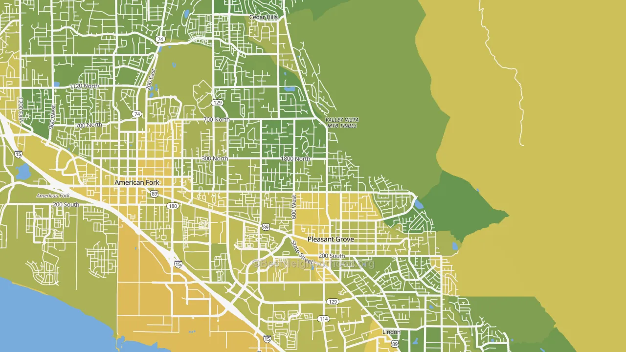 Map of the best neighborhoods in the 84062 area, with better matches in green and worse matches in red