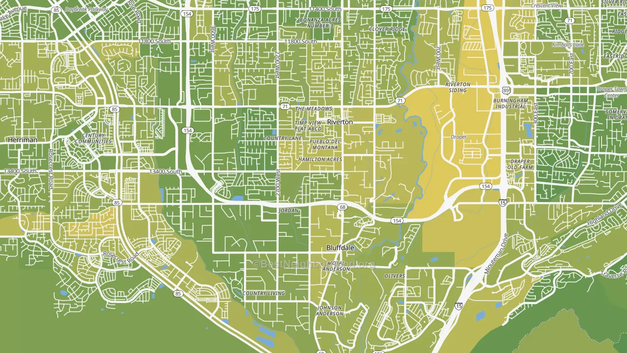 Map of the best neighborhoods in the 84065 area, with better matches in green and worse matches in red