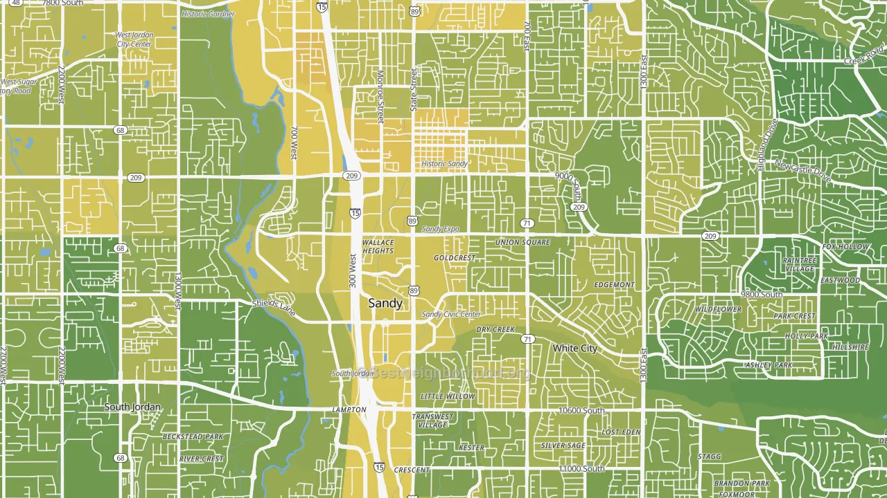 Map of the best neighborhoods in the 84070 area, with better matches in green and worse matches in red