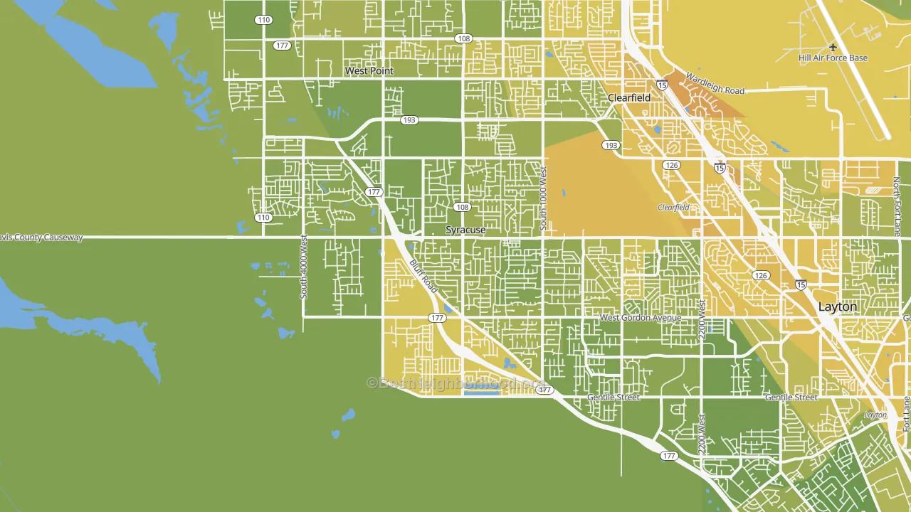 Map of the best neighborhoods in the 84075 area, with better matches in green and worse matches in red
