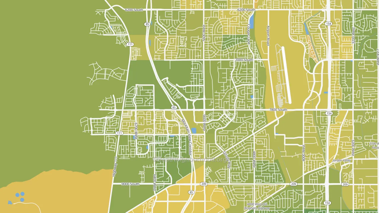 Map of the best neighborhoods in the 84081 area, with better matches in green and worse matches in red