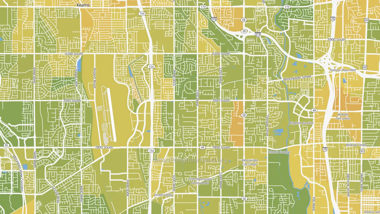 Map of the best neighborhoods in the 84084 area, with better matches in green and worse matches in red