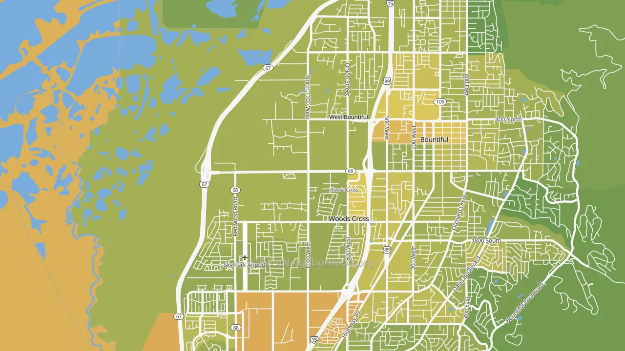 Map of the best neighborhoods in the 84087 area, with better matches in green and worse matches in red