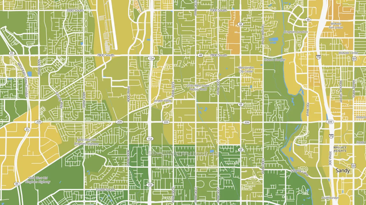 Map of the best neighborhoods in the 84088 area, with better matches in green and worse matches in red