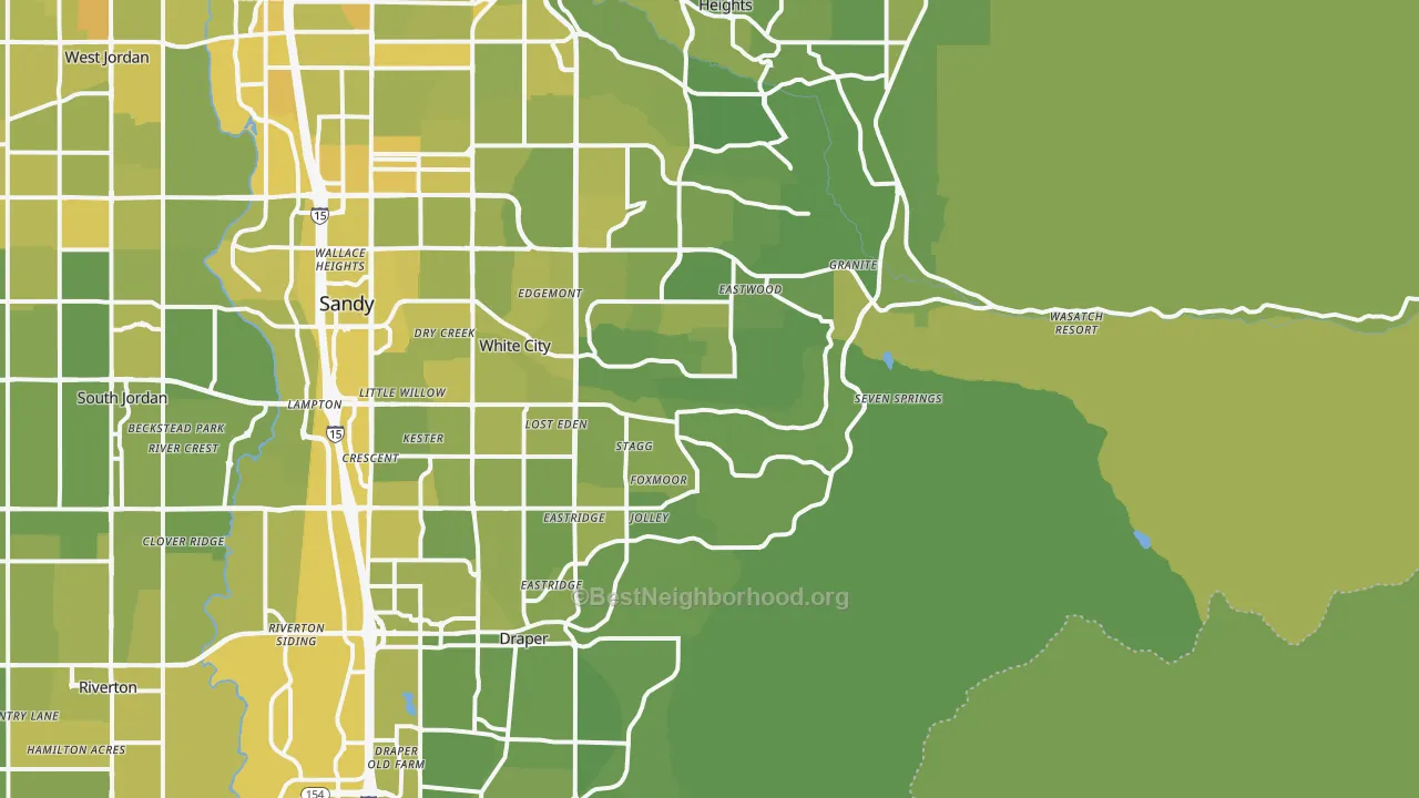 Map of the best neighborhoods in the 84092 area, with better matches in green and worse matches in red