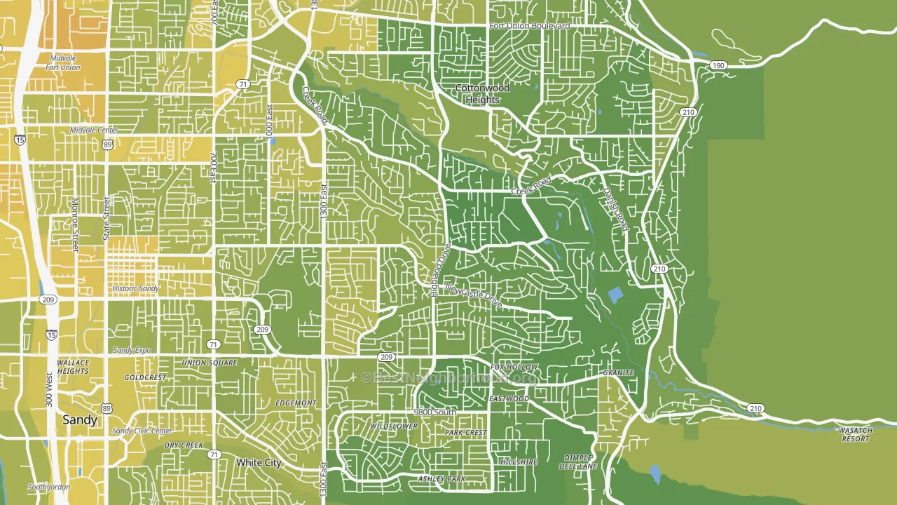 Map of the best neighborhoods in the 84093 area, with better matches in green and worse matches in red