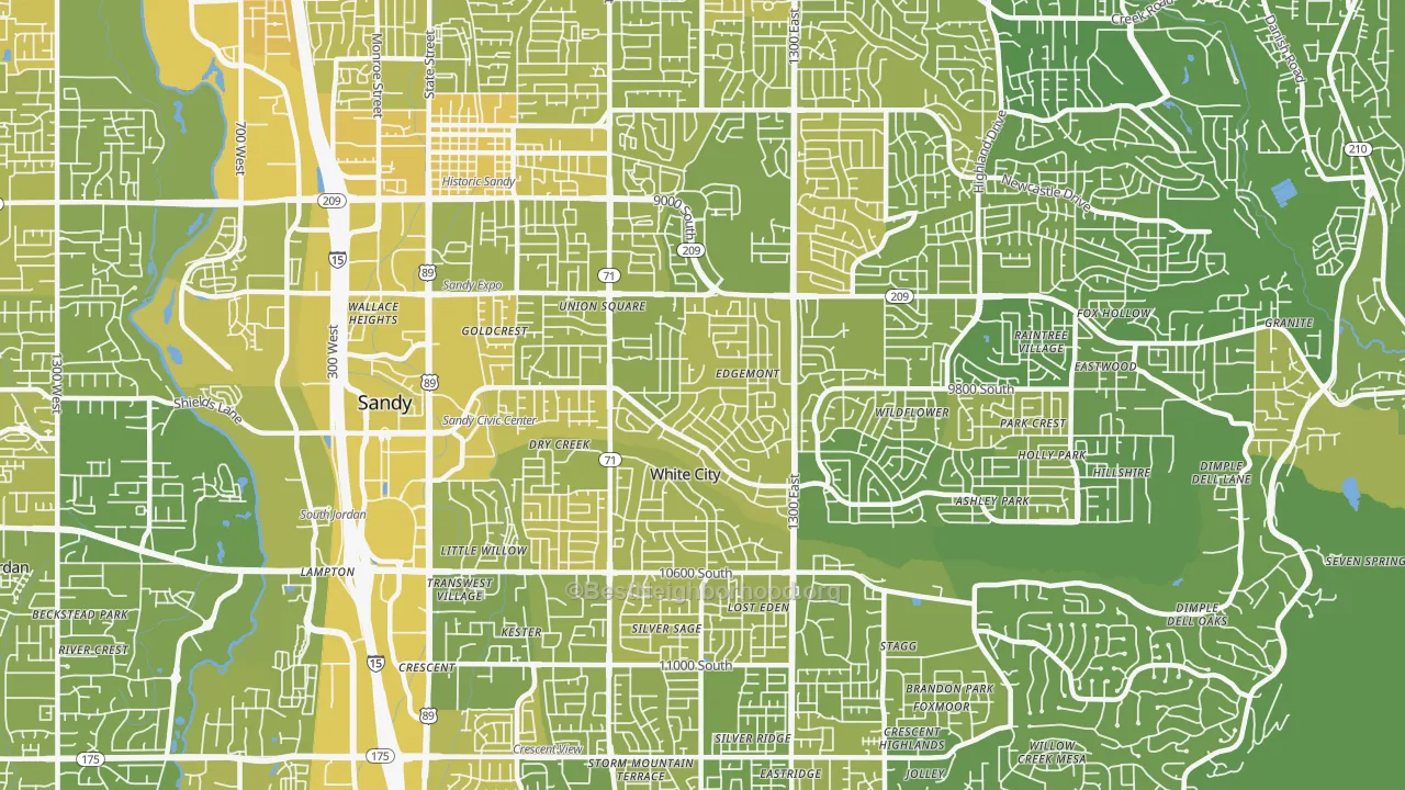 Map of the best neighborhoods in the 84094 area, with better matches in green and worse matches in red