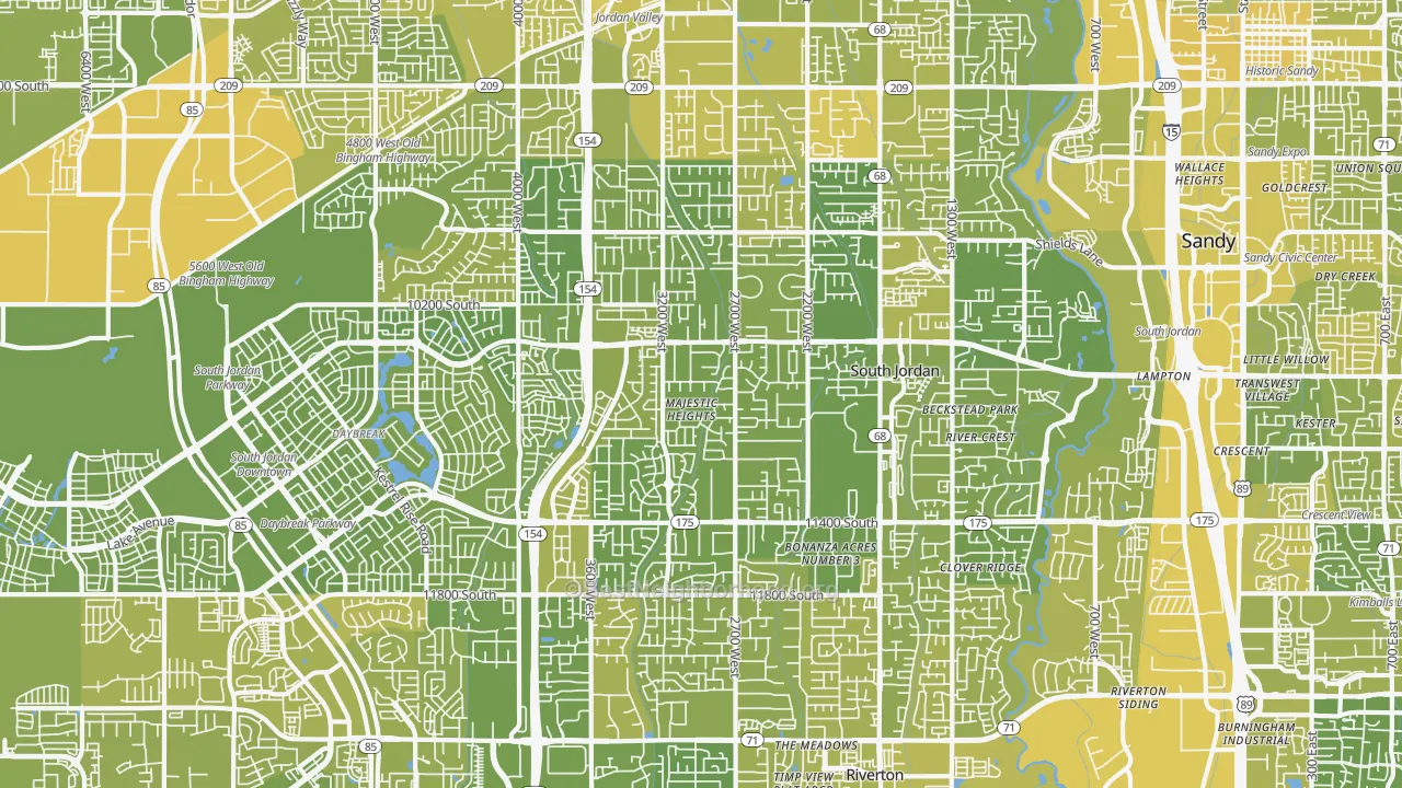 Map of the best neighborhoods in the 84095 area, with better matches in green and worse matches in red