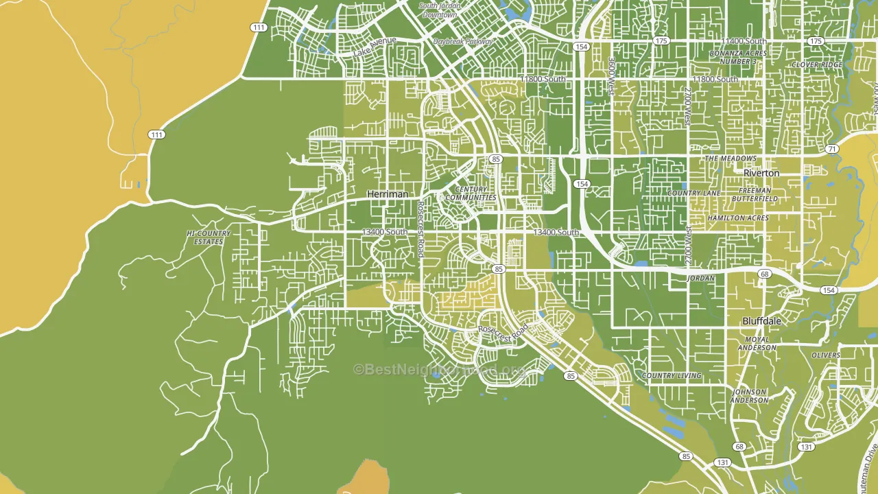 Map of the best neighborhoods in the 84096 area, with better matches in green and worse matches in red