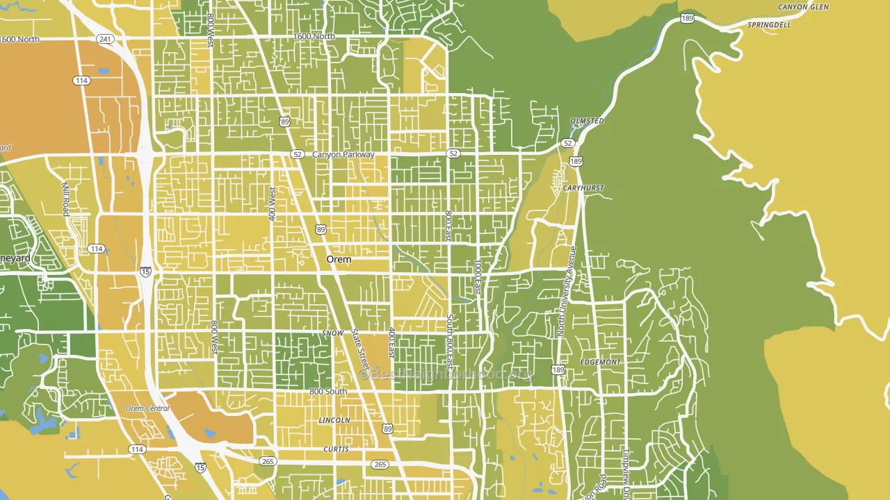 Map of the best neighborhoods in the 84097 area, with better matches in green and worse matches in red