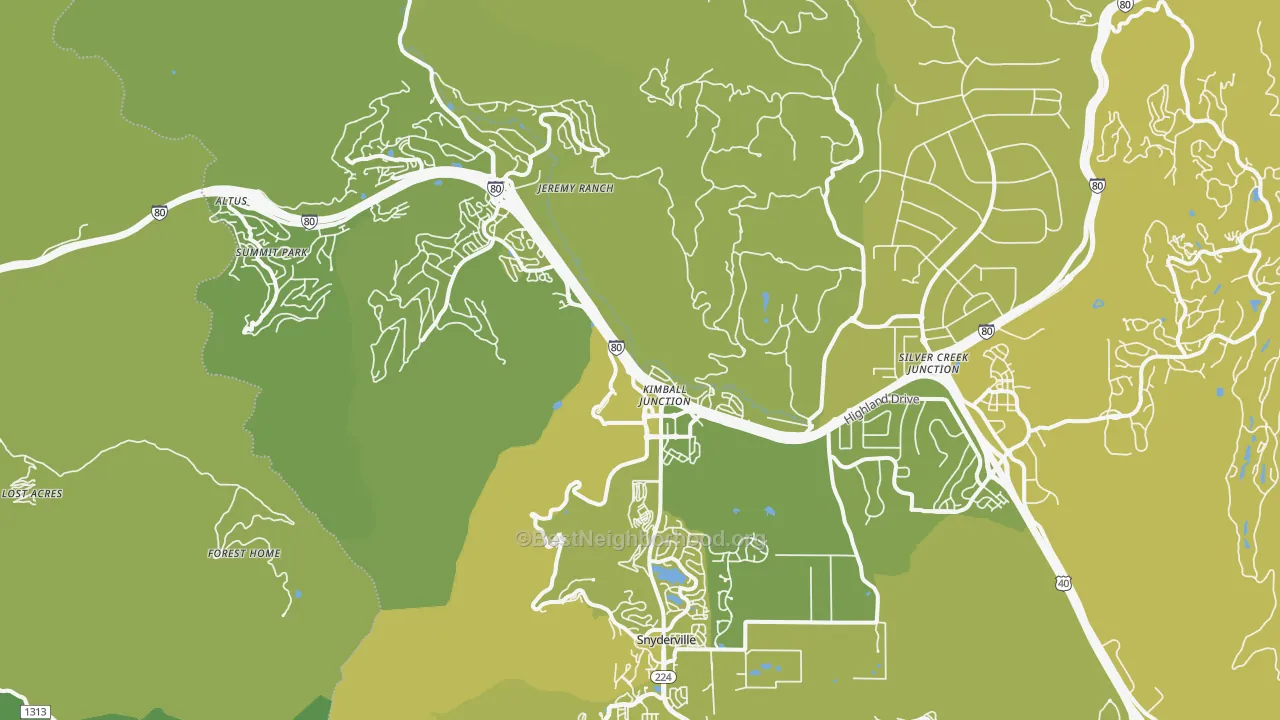 Map of the best neighborhoods in the 84098 area, with better matches in green and worse matches in red